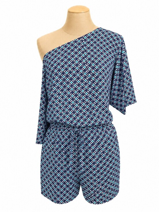 Jessica Howard Pants - Jessica Howard One Shoulder Romper Blue Geometric Print Size M